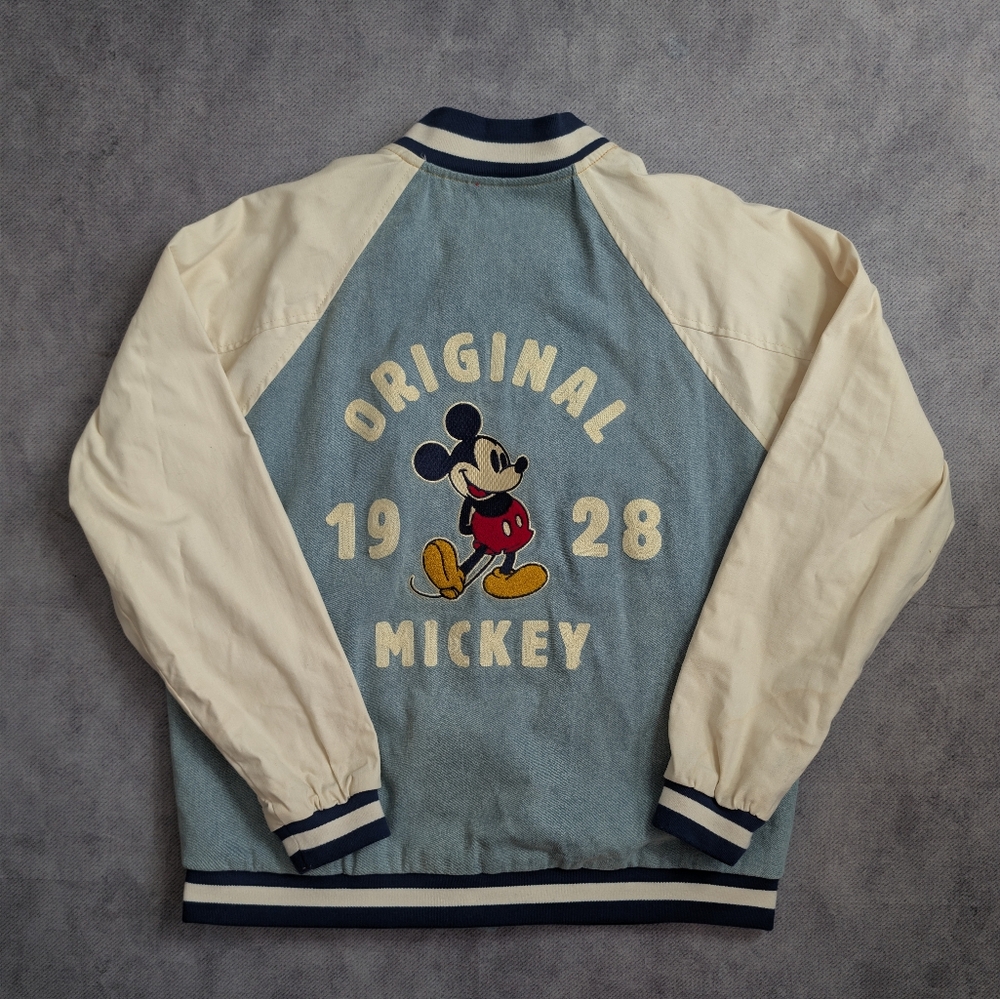 Mickey Mouse 1928 League Denim Varsity Retro Y2K Embroidery Size L Blue & Cream